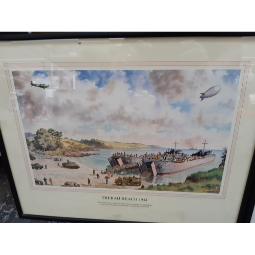 226 - Three framed prints to include ‘The earl of Huntington’s regiment of foot’, ‘Trebah Beach 1944’ mili... 