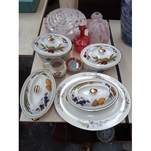 230 - A collection of mixed china and glassware to include   four Royal Worcester Evesham pattern tureens,... 