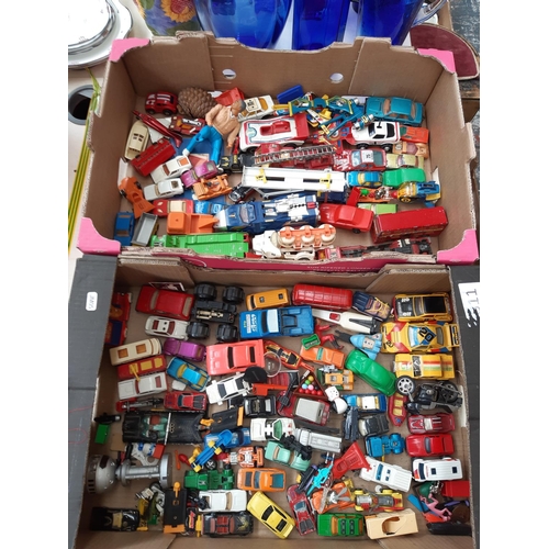 244 - Two boxes containing a large collection of die cast vehicles to include Matchbox, Corgi, Batmobile e... 