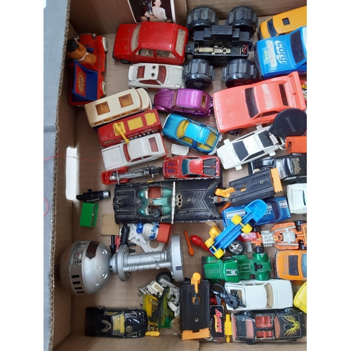 244 - Two boxes containing a large collection of die cast vehicles to include Matchbox, Corgi, Batmobile e... 