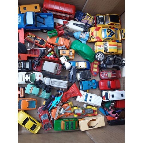 244 - Two boxes containing a large collection of die cast vehicles to include Matchbox, Corgi, Batmobile e... 