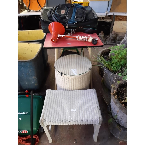 739 - A mixed lot to include 1950s red formica dining table, Lloyd loom style laundry basket and stool, An... 