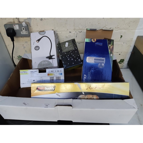 759 - Five boxed items to include BBQ buddy battery rotisserie kit, Verve design clip lamp, TCP Charlotte ... 