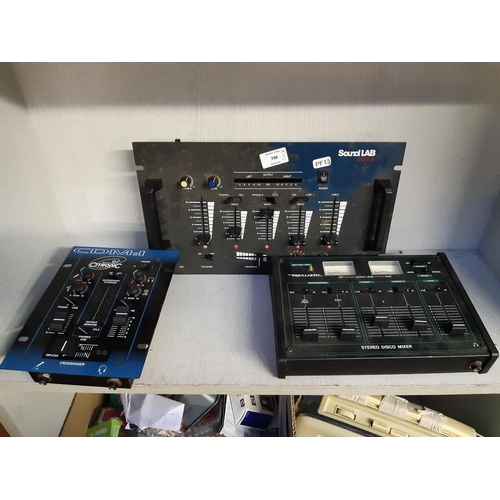 798 - Three DJ mixers to include Sitronic CDM1, Sound Lab DSM-5 and a Realistic 321101A