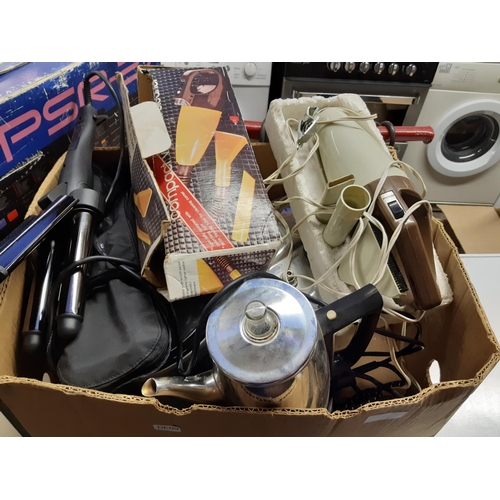 822 - A box containing Tesco slow cooker, Sona coffee pot, Pifco 12v vacuum cleaner, pressure cooker etc.