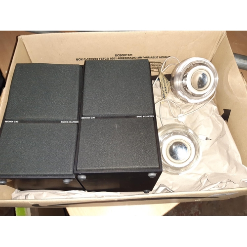 841 - A box containing a pair of Bang and Olufsen Beovox C30 speakers together with a pair Harman Kardon p... 