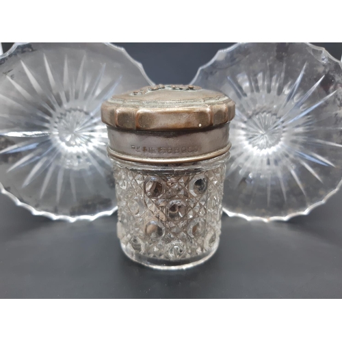 8 - A pair of vintage cut crystal candle holders together with a small cut glass pin pot