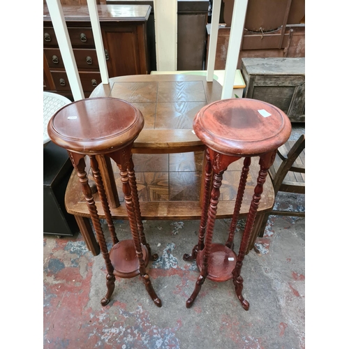 571 - Four items to include two antique style mahogany jardiniere stands on barley twist supports, reprodu... 