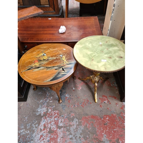 609 - Two items to include an antique style brass and onyx effect tripod wine table with circular top and ... 