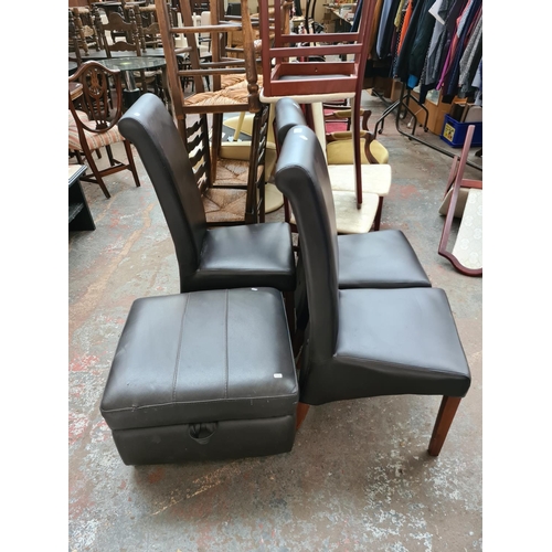 648 - Three dark brown leatherette dining chairs together with a brown leatherette storage footstool