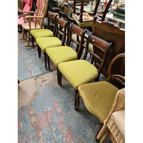 653 - Five chairs to include four Victorian mahogany bar back dining chairs with green upholstery and a Vi... 