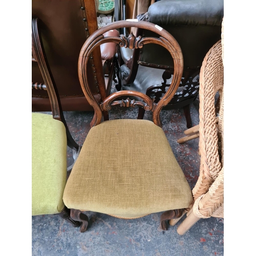 653 - Five chairs to include four Victorian mahogany bar back dining chairs with green upholstery and a Vi... 