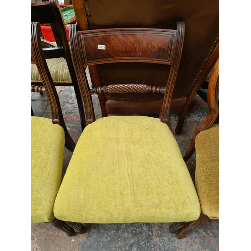 653 - Five chairs to include four Victorian mahogany bar back dining chairs with green upholstery and a Vi... 