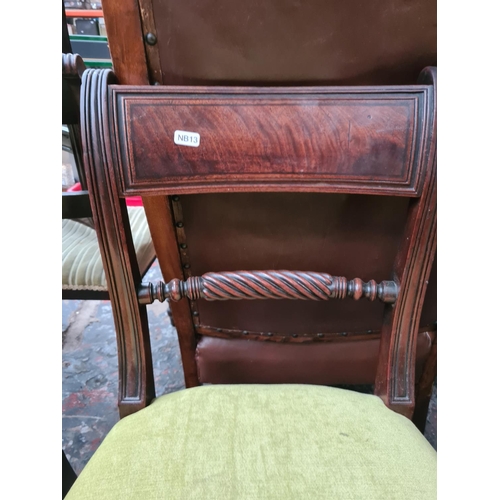 653 - Five chairs to include four Victorian mahogany bar back dining chairs with green upholstery and a Vi... 