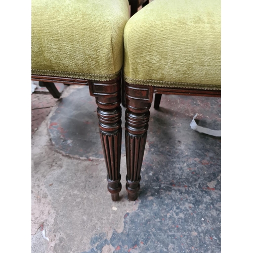 653 - Five chairs to include four Victorian mahogany bar back dining chairs with green upholstery and a Vi... 