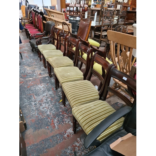 657 - Six 19th century mahogany bar back dining chairs with green upholstery