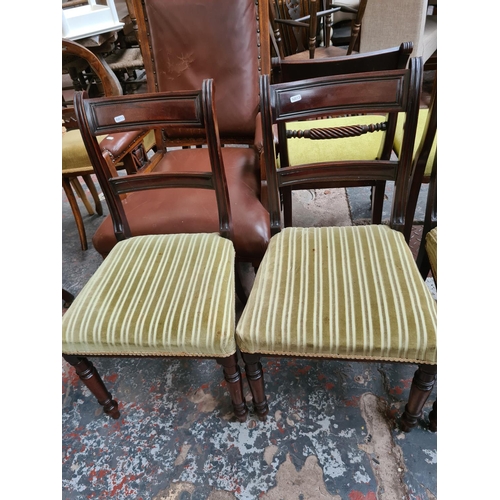 657 - Six 19th century mahogany bar back dining chairs with green upholstery