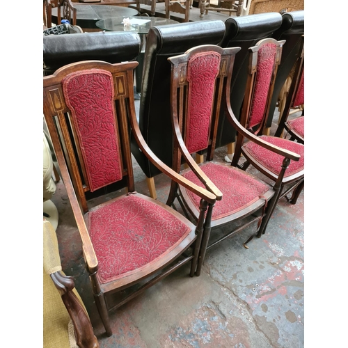 660 - Six Edwardian inlaid mahogany dining chairs to include two carvers (see condition report)