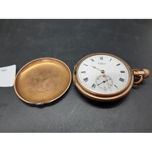 64 - A Waltham gold plated full hunter pocket watch with white enamel dial and roman numerals (see condit... 