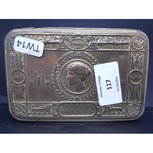 117 - A 1914 brass Princess Mary chocolate tin together with five various sized bullets