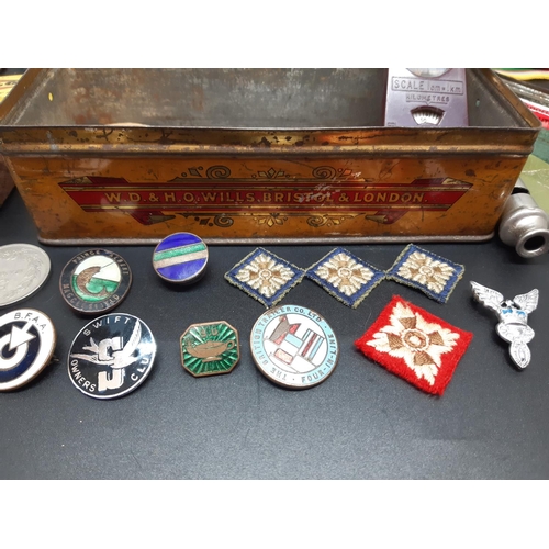 126 - A W.D Wills Gold Flake cigarette tin and a Lord Hamlet cigar box containing mixed collectibles to in... 