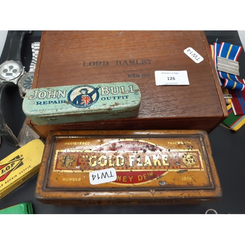 126 - A W.D Wills Gold Flake cigarette tin and a Lord Hamlet cigar box containing mixed collectibles to in... 