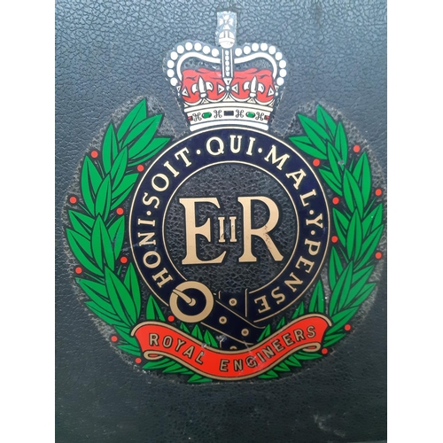 145 - A plastic briefcase with Royal Engineers sticker front containing eight various Royal Engineers cap ... 