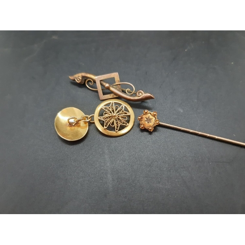 99 - Three items to include an early 20th century unmarked gold coloured ladies bar brooch, pair of gold ... 