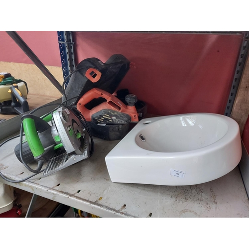 717 - Three items to include a cased orange Black and Decker KW712 electric planer, a black and green Evol... 