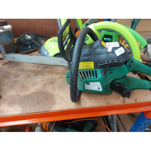 731 - Two petrol chainsaws for spares or repairs to include a black and green Gardenline GPCS46Z-52579 and... 