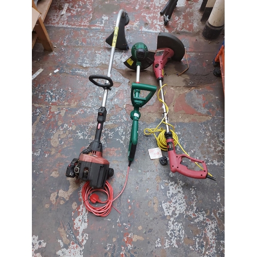 738 - Three various garden strimmers to include a black and red Champion petrol, a green Qualcast GGT350A1... 