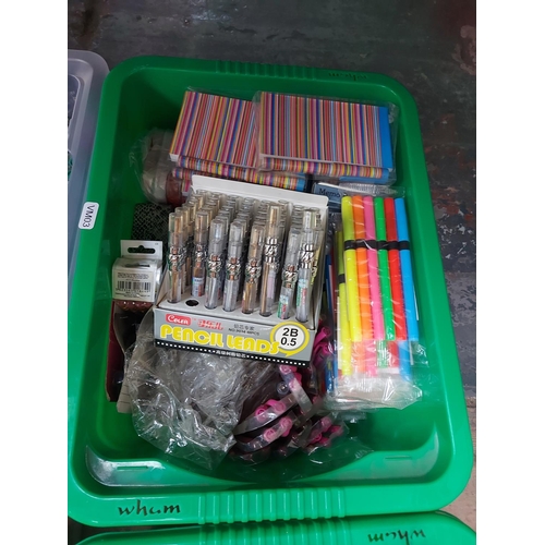 854 - Four boxes of stationary items to include ballpoint pens, felt tips, pencil leads etc.