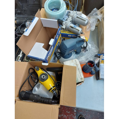 864 - Four boxed items to include Powercraft air compressor filter regulator and lubricator, 100 watt elec... 