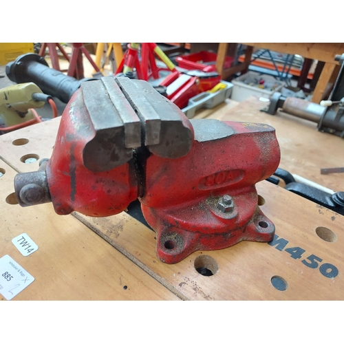 885 - Two items to include a red Yorke 3 & 1/4 inch bench vice and a Black and Decker WM450 workmate workb... 