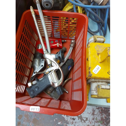 895 - A mixed lot to include a yellow Dewalt 24v heavy duty drill, Clarke Air chisel, power tool boxes, Du... 