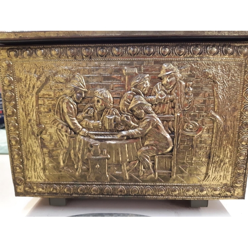 151 - An embossed brass coal box together with a pair of vintage copper fire bellows and an EPNS dressing ... 