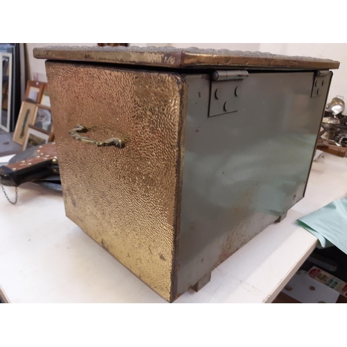 151 - An embossed brass coal box together with a pair of vintage copper fire bellows and an EPNS dressing ... 