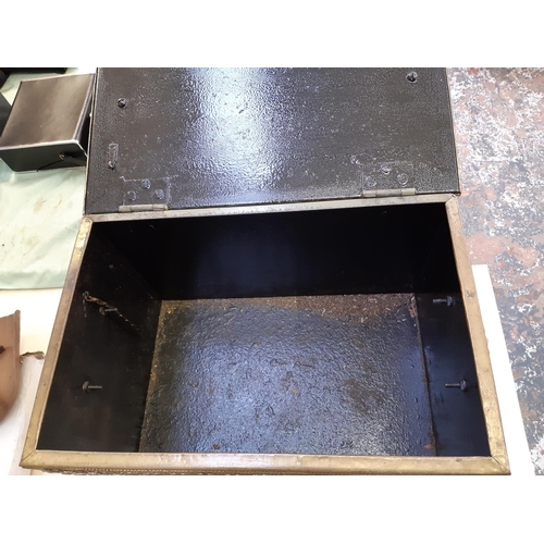 151 - An embossed brass coal box together with a pair of vintage copper fire bellows and an EPNS dressing ... 