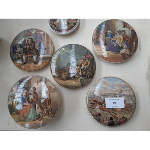 196 - A collection of fourteen 19th century Prattware pot lids to include Dr. Johnson, Persuasion, The Ent... 