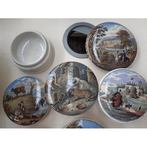 196 - A collection of fourteen 19th century Prattware pot lids to include Dr. Johnson, Persuasion, The Ent... 