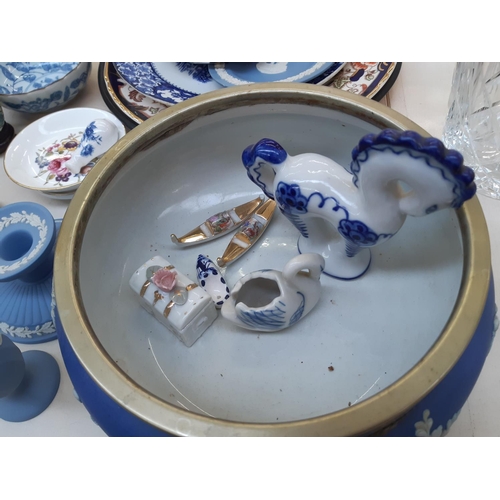 214 - A collection of assorted ceramics to include seven pieces of Wedgwood blue jasperware, Mason's Manda... 