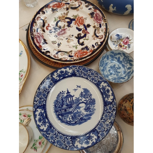 214 - A collection of assorted ceramics to include seven pieces of Wedgwood blue jasperware, Mason's Manda... 