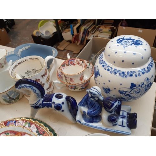 214 - A collection of assorted ceramics to include seven pieces of Wedgwood blue jasperware, Mason's Manda... 