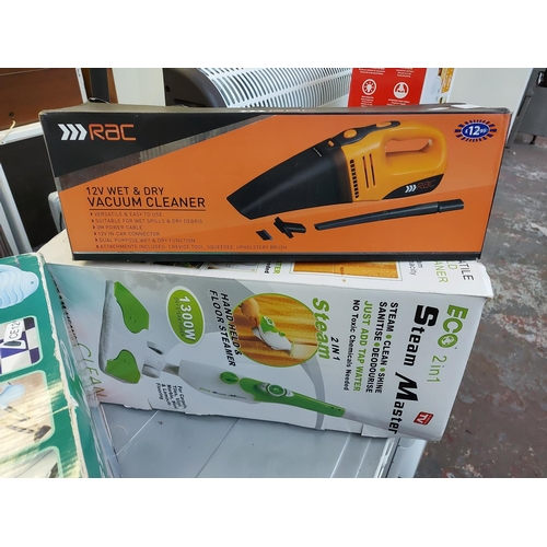 1046 - Three boxed items to include an RAC 12v wet and dry vacuum cleaner, JML steam genie and an Eco 2 in ... 