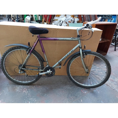 666 - A purple and grey Carrera gents touring bike with quick release front wheel, gel saddle and 21 speed... 