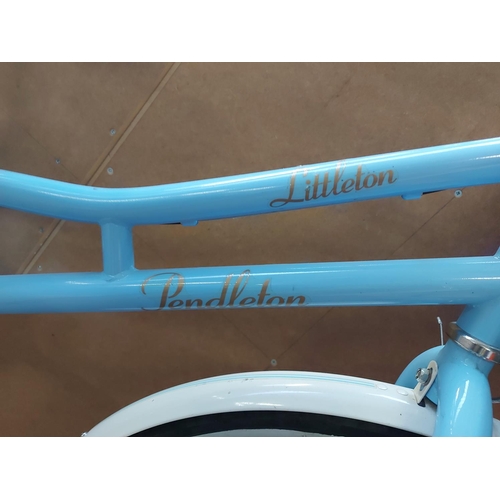 670 - A blue and white Pendleton Littleton vintage style ladies single speed town bike with front shopping... 