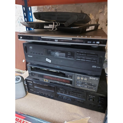 991 - Twelve items of mixed electrics to include a Kenwood KX1010 separate tape deck, an Alba DVD player, ... 