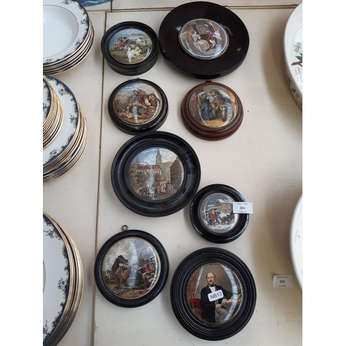 226 - Eight framed 19th century Staffordshire Prattware pot lids to include Uncle Toby, I see you my boy, ... 