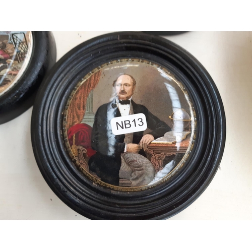 226 - Eight framed 19th century Staffordshire Prattware pot lids to include Uncle Toby, I see you my boy, ... 