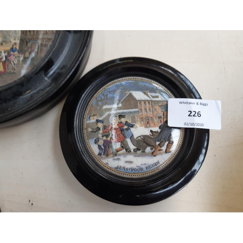 226 - Eight framed 19th century Staffordshire Prattware pot lids to include Uncle Toby, I see you my boy, ... 